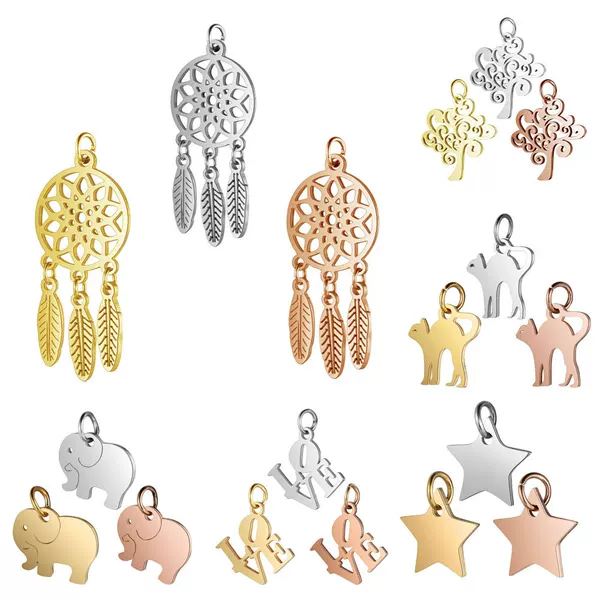 5Pcs/Pack Titanium Steel Small Pendant Love Five-Pointed Star Elephant Cat Wings Lotus Dream Catcher Tree of Life Stainless Steel