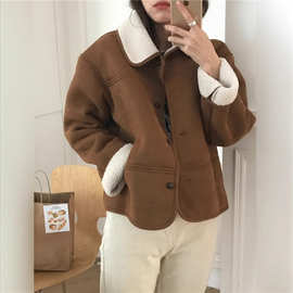 实拍2025年冬季新款韩版美式复古鹿皮绒羊羔毛保暖长袖外套女装