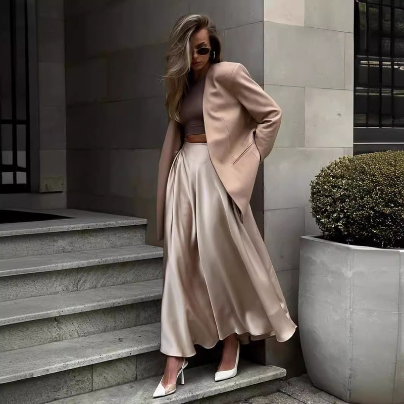 2024 Cross-Border Skirt for Women European and American Autum New Elegant High-Waisted Satin Satin Long Skirt 2024 Cross-Border Skirt for Women European and American Autum New Elegant High-Waisted Satin Satin Long Skirt