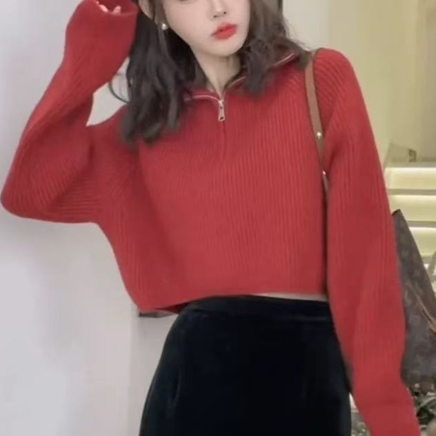 Designed Half Turtleneck Zipper Red Knitwear for Women Autumn and Winter Casual Knitwear Loose Short Fashion Lazy Style