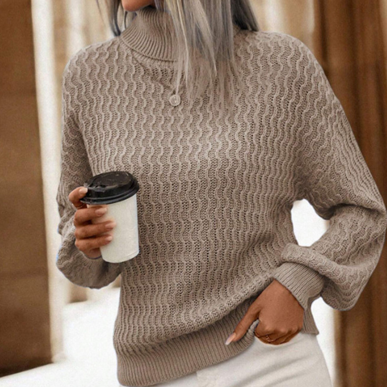 Amazon autumn and winter turtleneck knitted top cross-border foreign trade women's loose solid color pullover long-sleeved sweater sweater