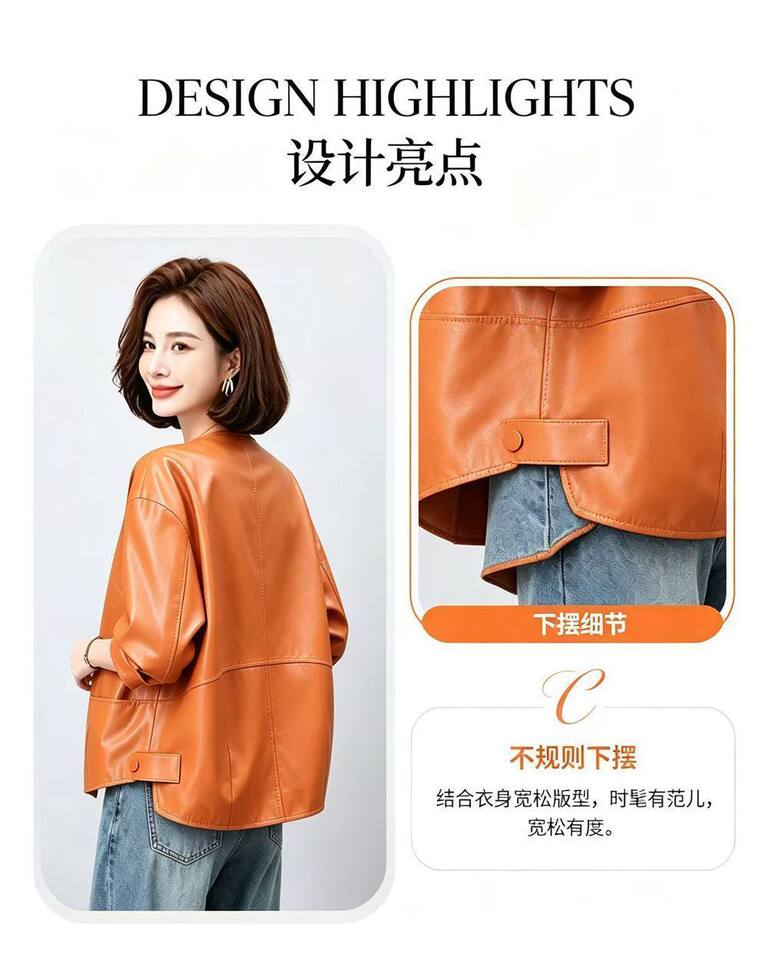 Áo khoác da nữ dáng ngắn ôm vừa, cổ lập, tay dài, phong cách thanh lịch — Cam Hermès, đen chi tiết 5