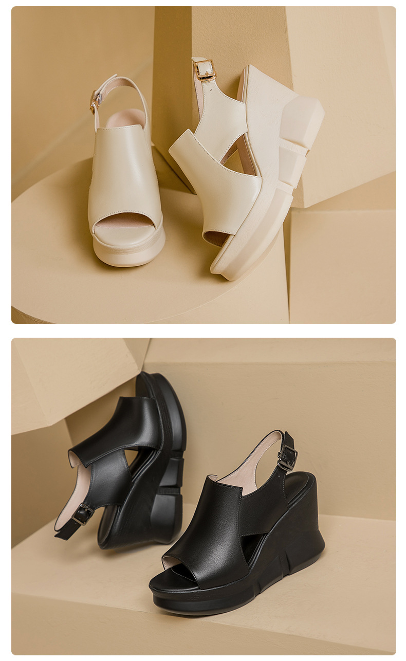 Sandal nữ đế xuồng miệng cá da bò, quai ngang đơn giản, gót cao 8 cm — Màu đen chi tiết 11