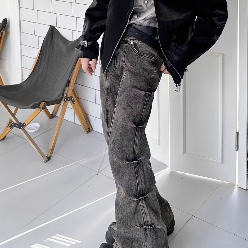 American High Street Vintage Worn-out Earth-tone Washed Pleated Flared Jeans Men's Wide-leg Trendy Long Pants_mkmklike.com
