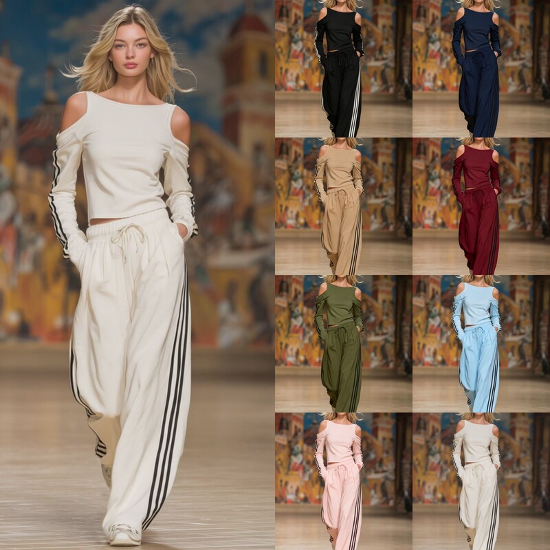 2026 European and American cross-border summer new off-shoulder casual fashion long-sleeve top and pants set for women's vacation wear 2026 European and American cross-border summer new off-shoulder casual fashion long-sleeve top and pants set for women's vacation wear