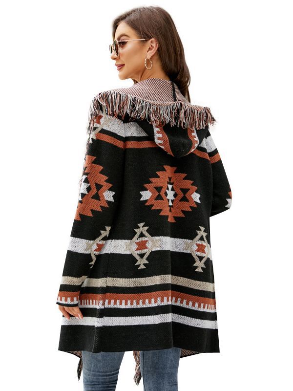 Transfronterizo 2023 otoño e invierno europeo y americano suelto con capucha suéter largo abrigo borla geométrica jacquard suéter cardigan image 7