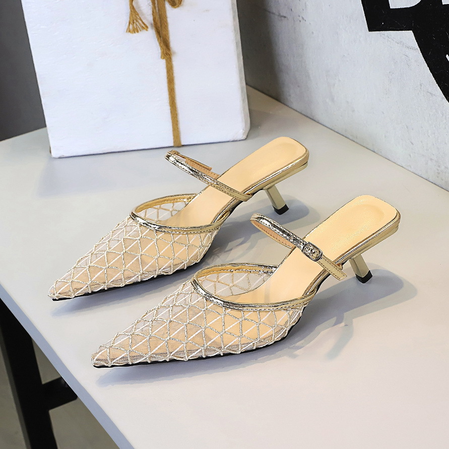 5131-2 French Style Mesh Lace Pointed Toe Stiletto Heel Mules For Women, Hollow Sexy One-Strap Slippers_vogvips.com