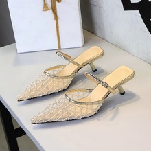 5131-2 French mesh lace pointed thin heel toe half slippers for women's outdoor wear with hollowed out sexy straight ribbon slippers