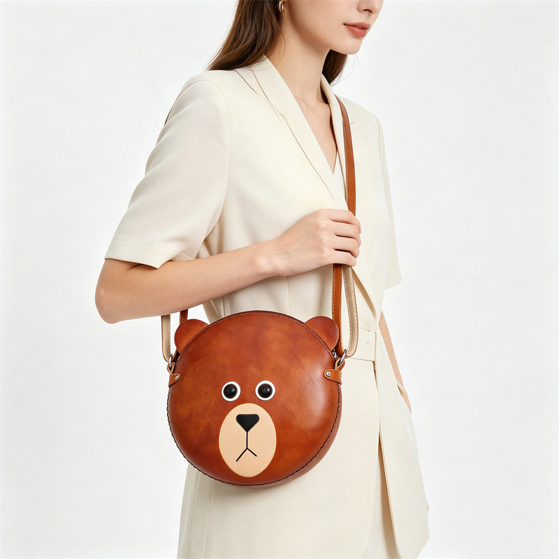 Little Bear Women's Crossbody Bag, Brown Handmade Top-Layer Cowhide Vintage Cartoon Animal Shoulder Bag, Wholesale
