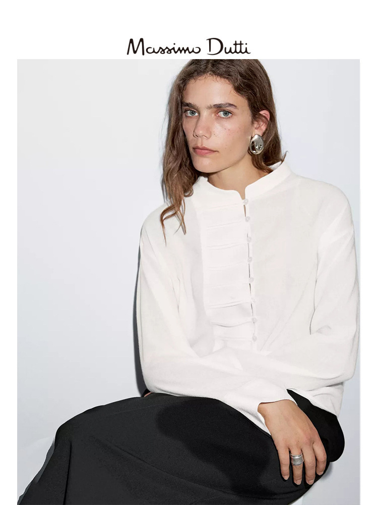Massimo Dutti Qadın Kətan Köynək - Uzunqol, Dəyirmi Yaxa