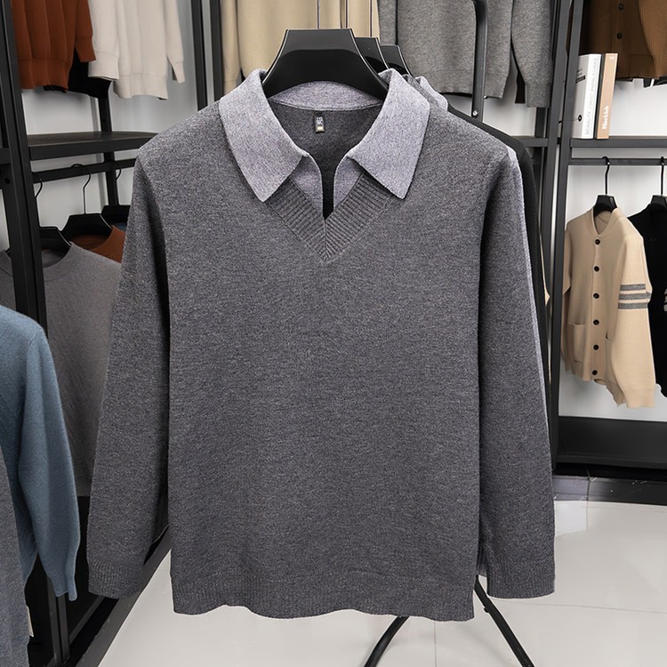 Falsa de dos piezas camisa de cuello hombre camiseta de punto otoño invierno nuevos productos de mediana edad negocios ocio suéter suelto chaqueta coreana
