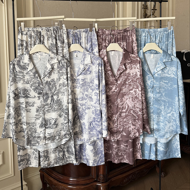 Russian European Style Jungle Pajamas for Women, Long-Sleeved, Wide-Leg, High-End Loungewear Set, Export Pajamas