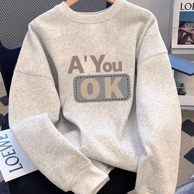 Men's Long-Sleeve American Letter Print Autumn and Winter Sweatshirt Couple Trendy Loose Hong Kong Style Top with Fleece Jacket Men's Long-Sleeve American Letter Print Autumn and Winter Sweatshirt Couple Trendy Loose Hong Kong Style Top with Fleece Jacket