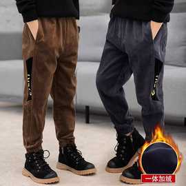 秋冬季胖子松紧腰牛仔裤男童加绒一体绒大码宽松哈伦休闲长裤潮