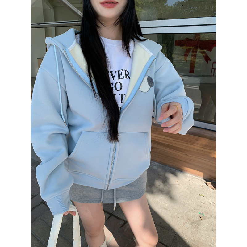 韩系可爱小狗刺绣连帽卫衣女秋冬加绒宽松慵懒风开衫拉链外套ins|undefined