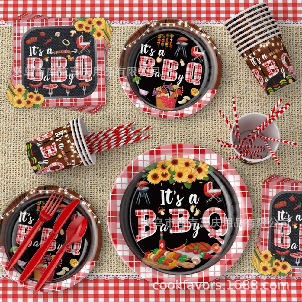 BBQ transfronterizo suministros de decoración de fiesta de baño de bebé bautismo de bebé bandeja de papel desechable taza de papel para tirar de la decoración de la bandera