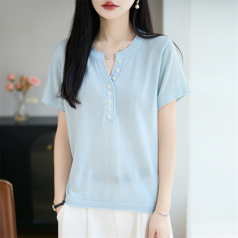 2026 Spring and Summer New Style Tencel Lyocell Rolled Edge V-Neck Knitwear Short-Sleeved Women's Buttoned Solid Color Bottoming Shirt T-Shirt
