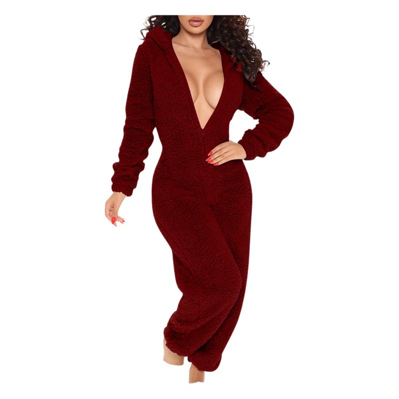 Европейская и американская трансграничная новая цельная домашняя одежда, сексуальный открытый комбинезон с длинными рукавами и капюшоном, милая плюшевая сексуальная женская одежда