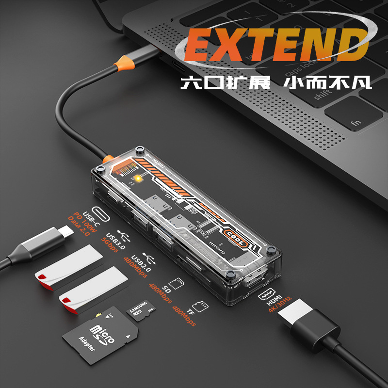 New product see-through design 6-in-1 type-c docking station usb hub USB3.0 docking station converter