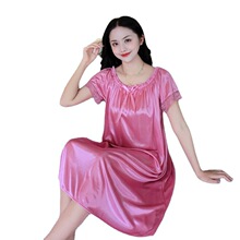 加肥性感女士夏季宽松冰丝中长款睡裙批发 短袖中年女士家居睡裙