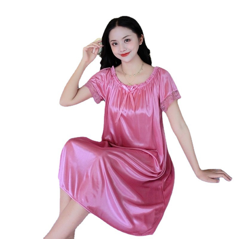 加肥性感女士夏季宽松冰丝中长款睡裙批发 短袖中年女士家居睡裙
