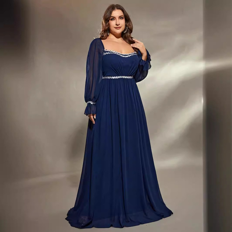 European and American Evening Dress Plus Size Fat Chiffon Long Sleeve Evening Dress Square Collar Ball dress New Summer