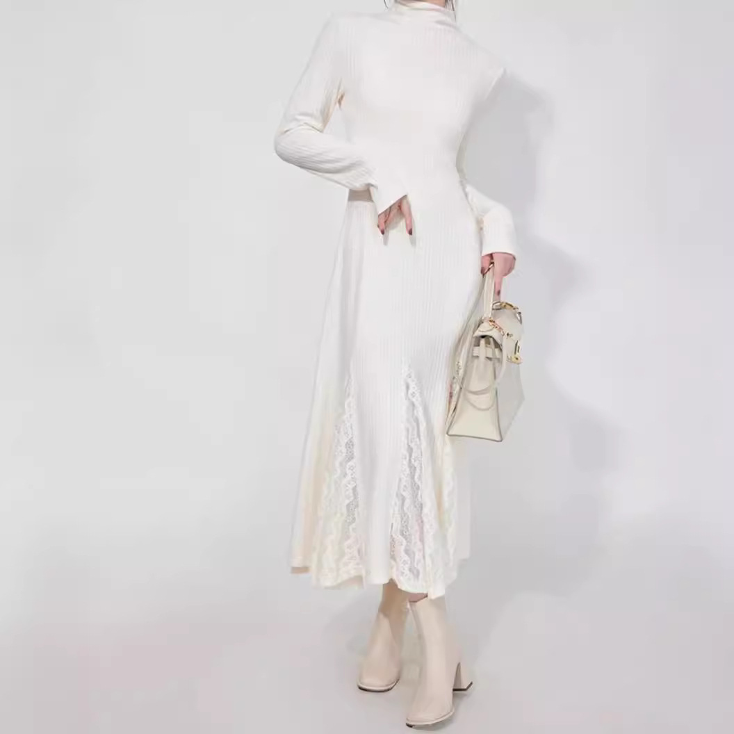 SHAOER周末画廊白色气质针织连衣裙蕾女丝长袖A字裙2023新款