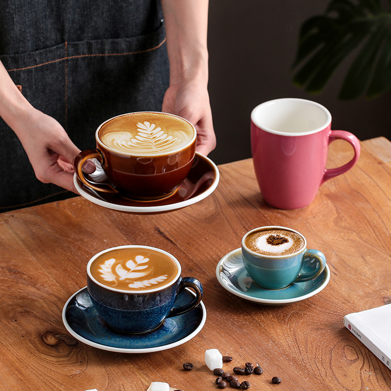 2022新款窑变咖啡杯碟套装复古日式拿铁卡布奇诺拉花杯大口加厚