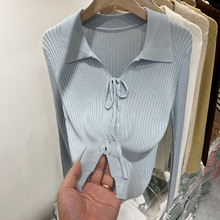 批發設計感綁帶抽繩翻領薄款針織衫女2022秋季新款洋氣長袖T恤上