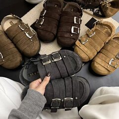 2025年秋新款磨砂金属扣大头羊羔毛毛鞋包头半拖鞋勃肯鞋女鞋