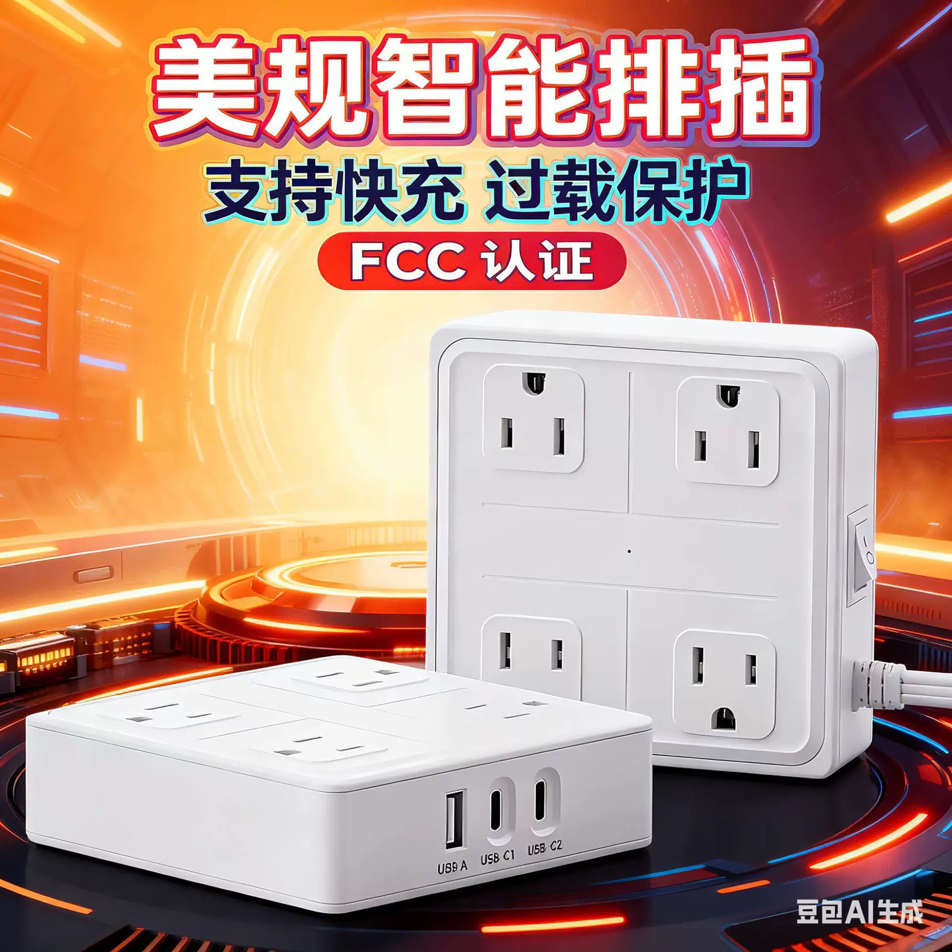 跨境专供新款排插2USB+2C电源排插多功能插座FCC认证美规智能排插