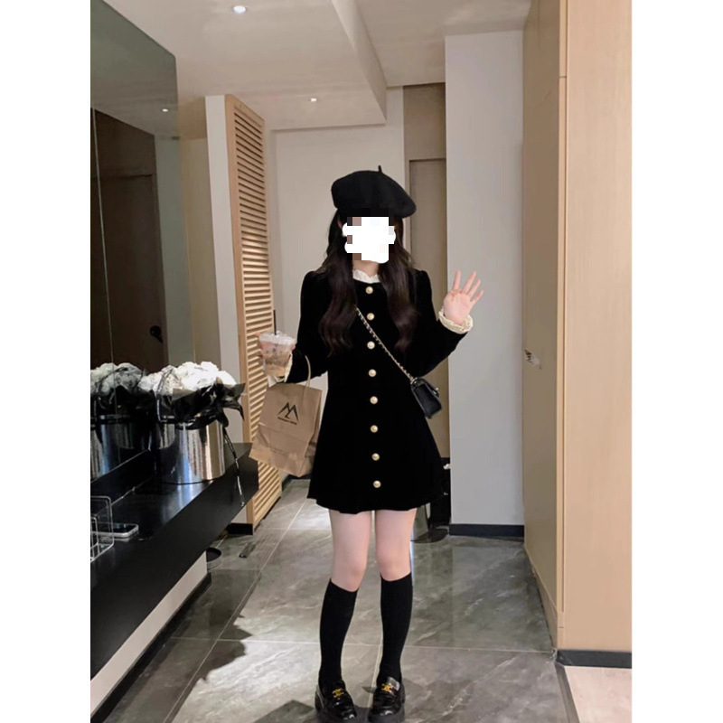 秋冬韩系高级感大码穿搭灯芯绒连衣裙女上衣时尚小香风打底小黑裙|undefined