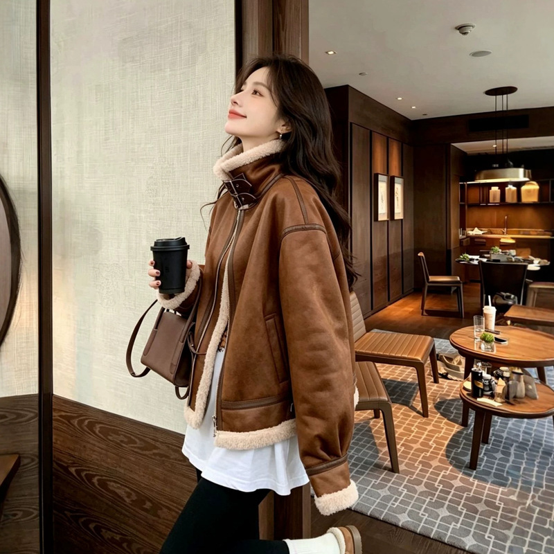 |Cool Sister | Fur-In-One Lambswool Outwear for Women, Suede Retro Motorcycle Jacket, Fur Outwear