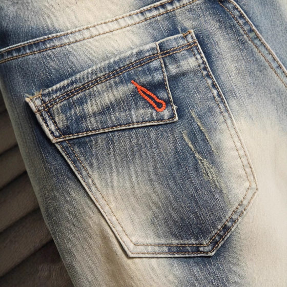 Vintage Old Denim Shorts Men's Trendy Brand Ins Motorcycle Washed Casual Stretch Shorts with Zipper Decorative Pants