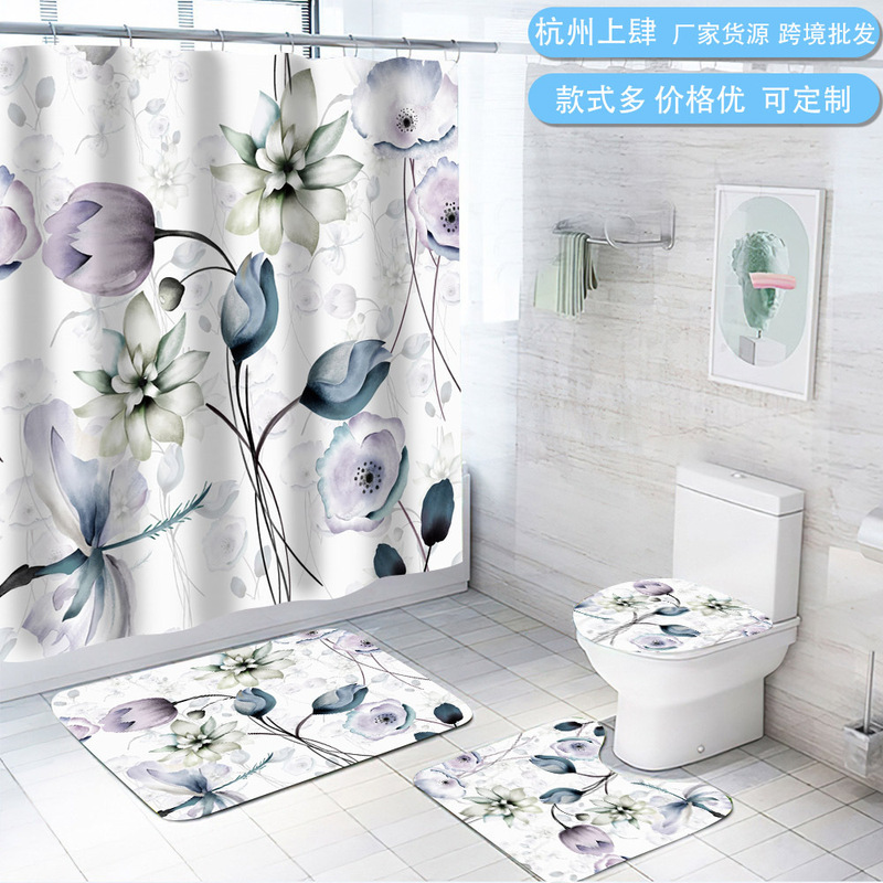 Cross-Border Amazon Temu Blue and Purple Floral Shower Curtain Bathroom Door Curtain Window Curtain Shower Cover Polyester Dry and Wet Separation Cross-Border Amazon Temu Blue and Purple Floral Shower Curtain Bathroom Door Curtain Window Curtain Shower Cover Polyester Dry and Wet Separation