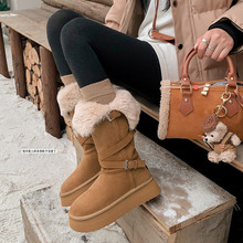 厚底保暖雪地靴女2025环绕扣带圆头百搭舒适大棉靴毛毛长筒雪地靴