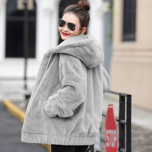 Women's Fleece Hooded Coat, Medium-Long Winter Korean Style Loose Plush Warm Long-Sleeved Fleece-lined Short Jacket