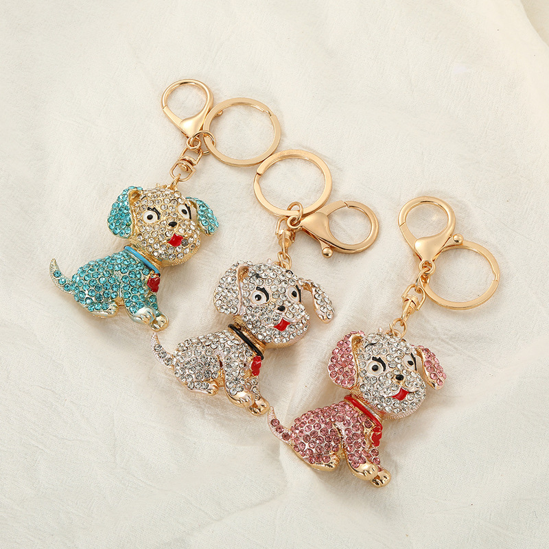 Cartoon Cute Pug Keychain Ring Creative Diamond-Encrusted Animal Bag Pendant Car Key Chain Accessory