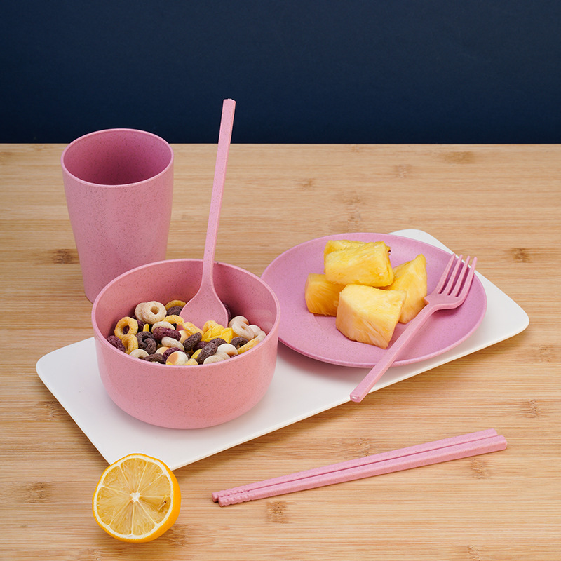 Set of 6 Children's Tableware for Wheat Straw - Bowls, Plates, Cups, Spoons, Forks, Chopsticks - Outdoor Dishes, Gift with Logo Printed