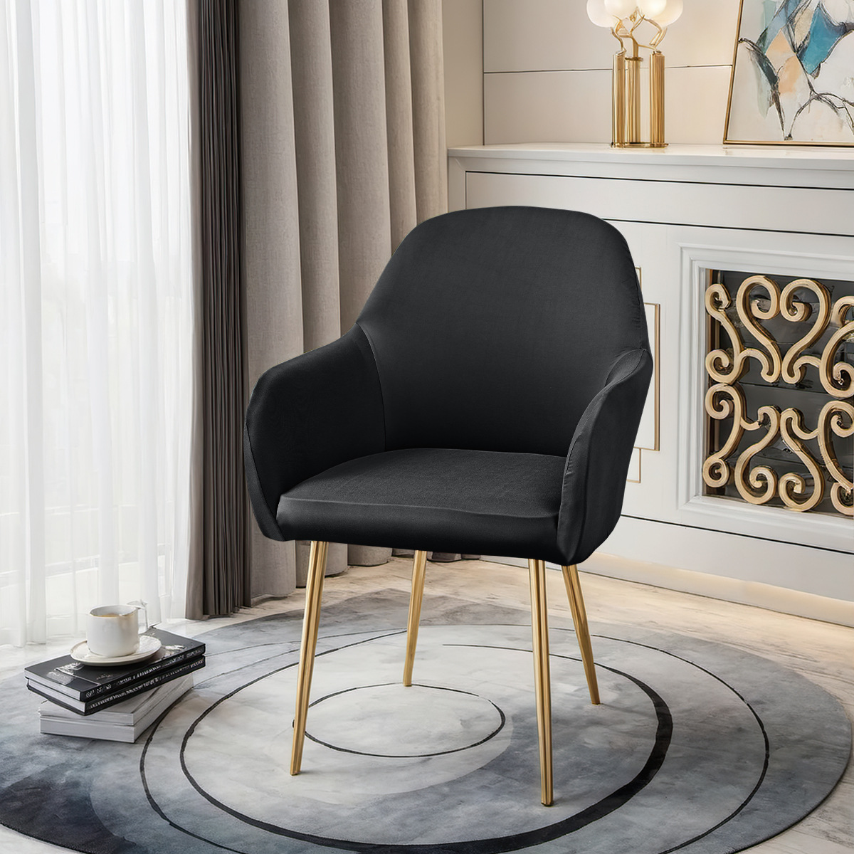 Transfronterizo 75D seda de leche impermeable nueva cubierta de silla curva reposabrazos altos cubierta de silla elástica de forma especial cubierta de silla de comedor de hotel TEMU