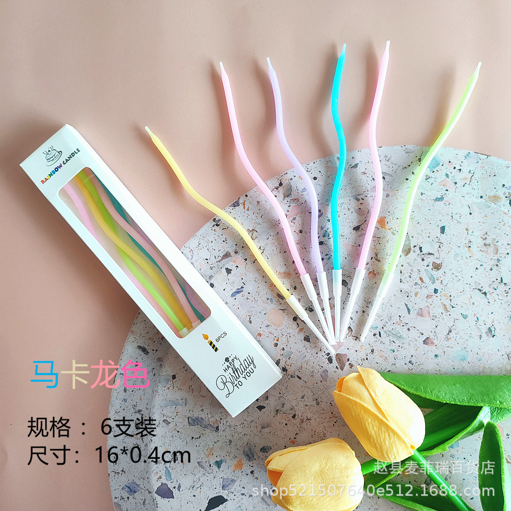 Venta al por mayor de velas de cumpleaños curvas de moda, velas en espiral para hornear pasteles y postres, suministro de fábrica con envío gratuito