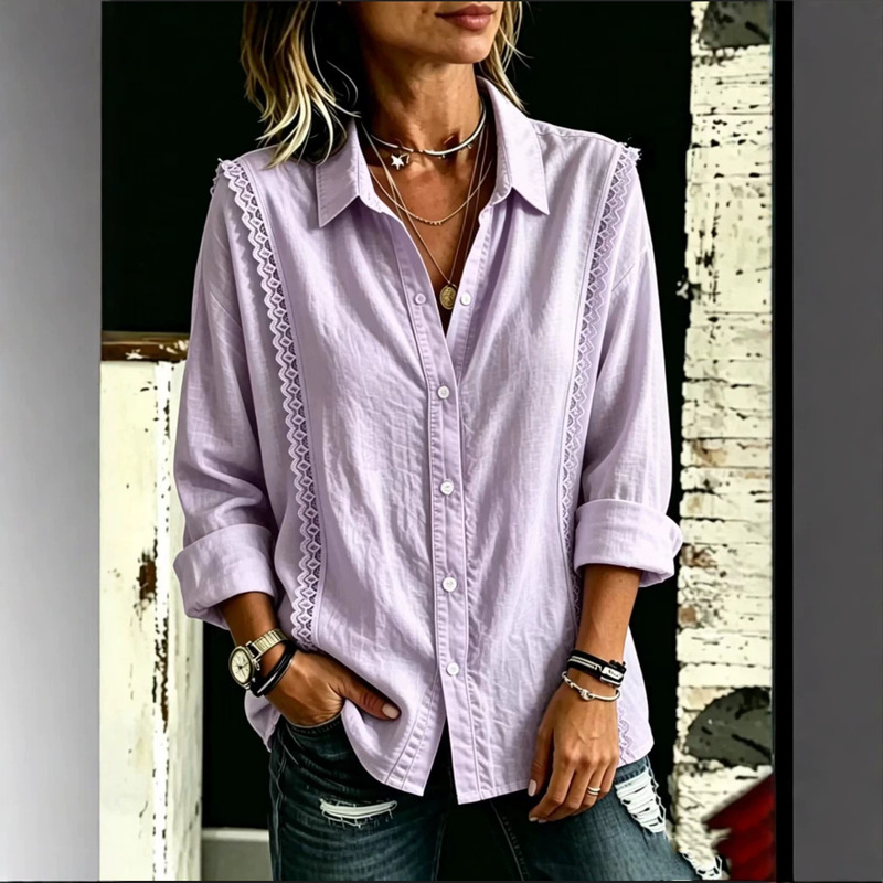 European and American Independent Websites Amazon Aliexpress New Summer Style Women's Solid Color Lace Patchwork Button Long-Sleeved Shirt