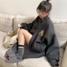 秋冬新款加绒加厚毛巾绣开衫卫衣女学生宽松百搭中长款棒球服外套