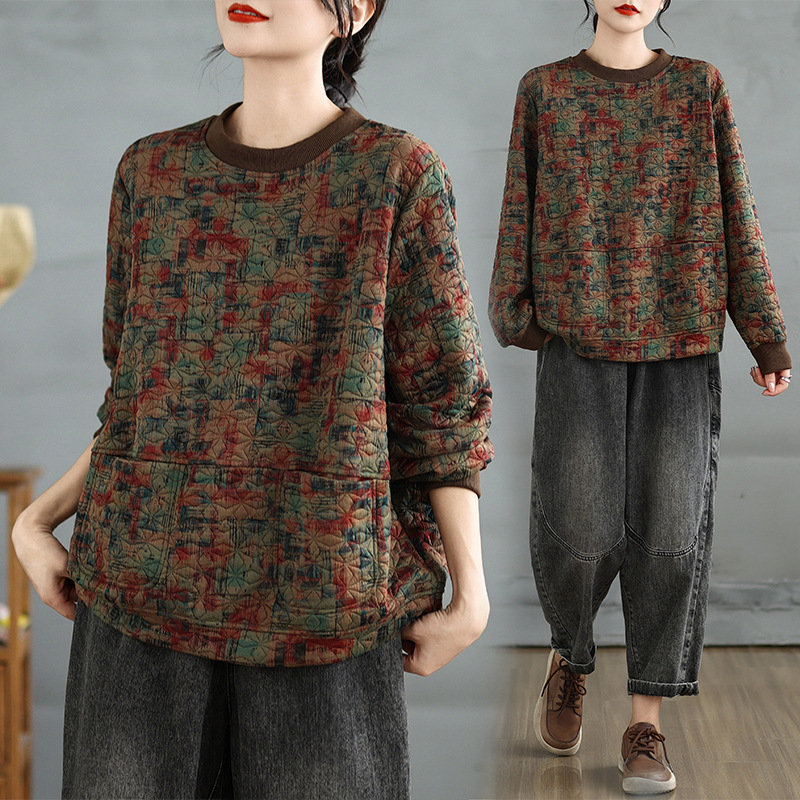 Real Shot of New Retro Printed Knitted Cotton Sweatshirt for Women with Rowan Neckline Long-Sleeved Bubble Cotton Top Pullover