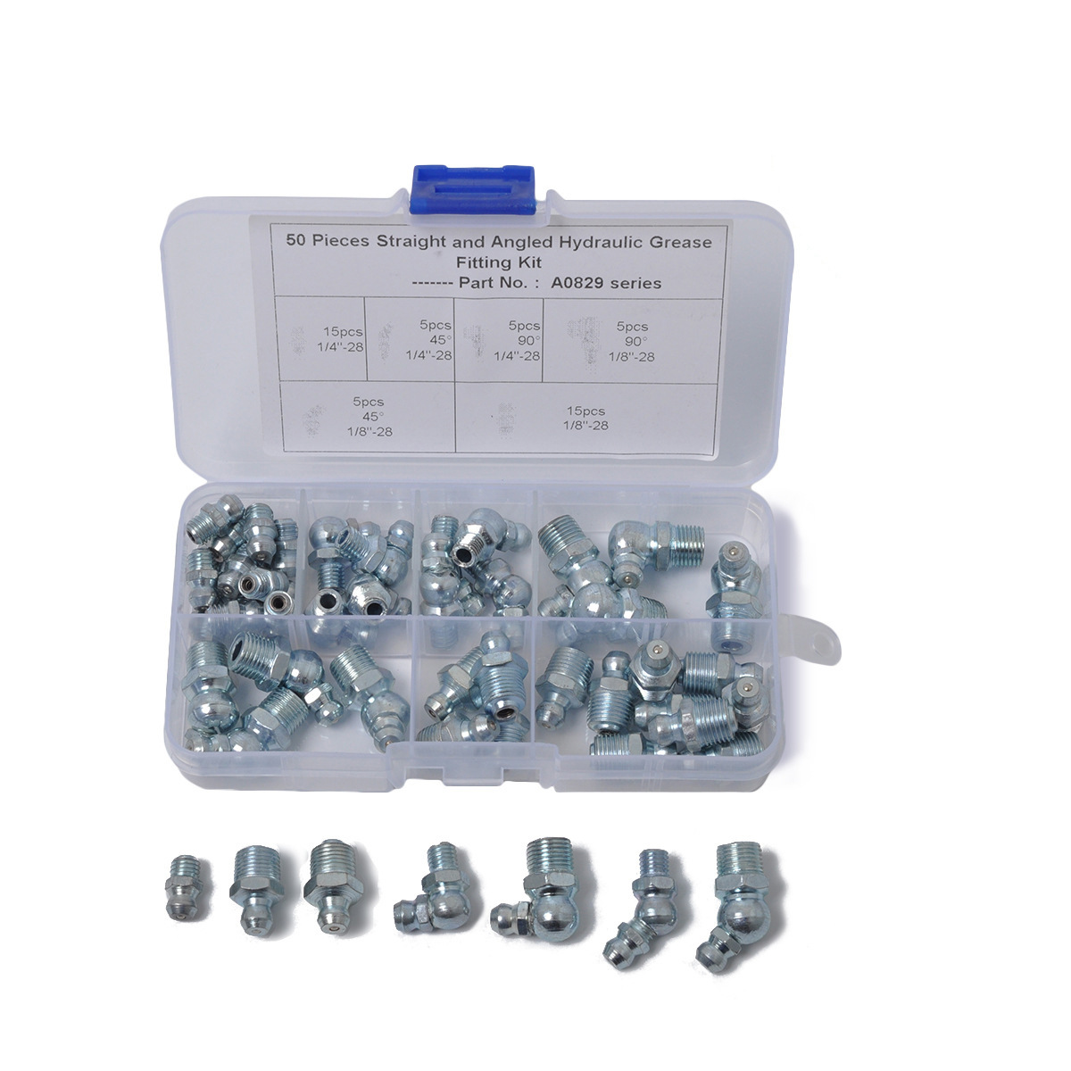 跨境黄油嘴六角头英制1/8"-28 45°电镀蓝锌铁油嘴50只装