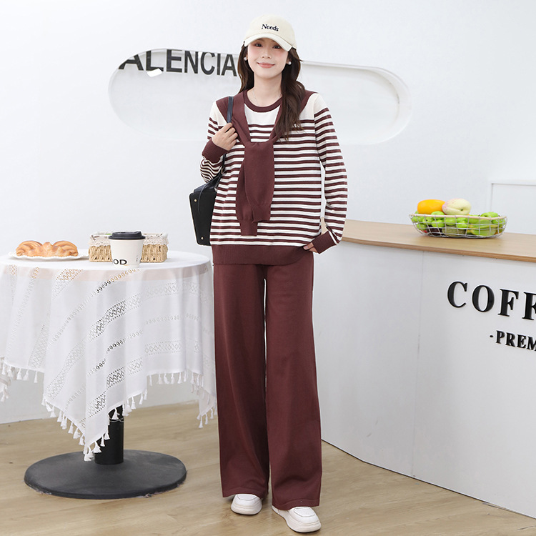 跨境秋冬新款气质时尚小香风职业针织套装女条纹毛衣阔腿裤两件套