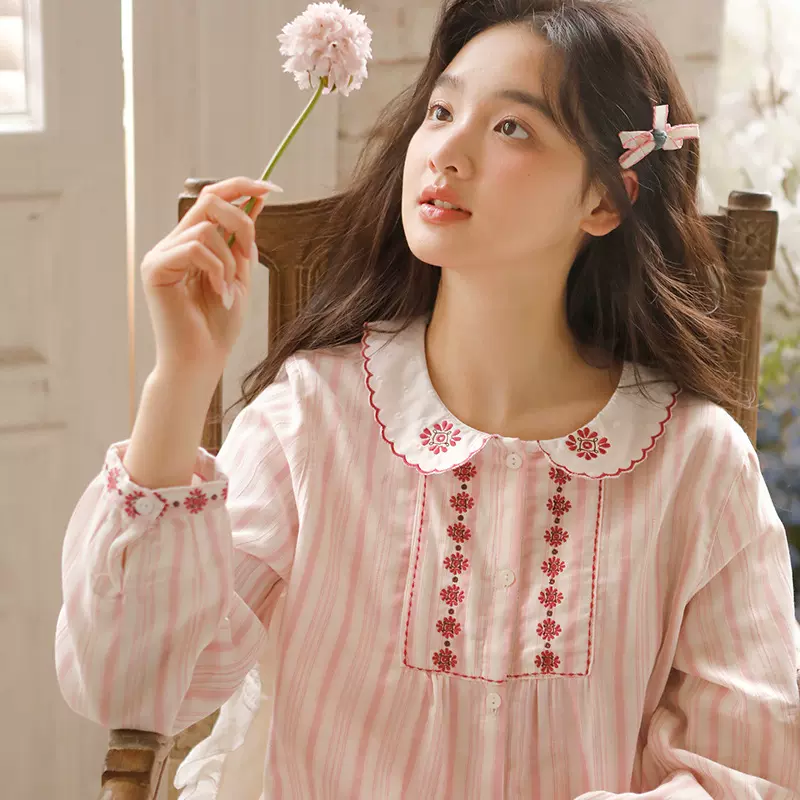 春秋季新品女士纯棉双层纱布两件套日系甜美刺绣款女家居服睡衣套
