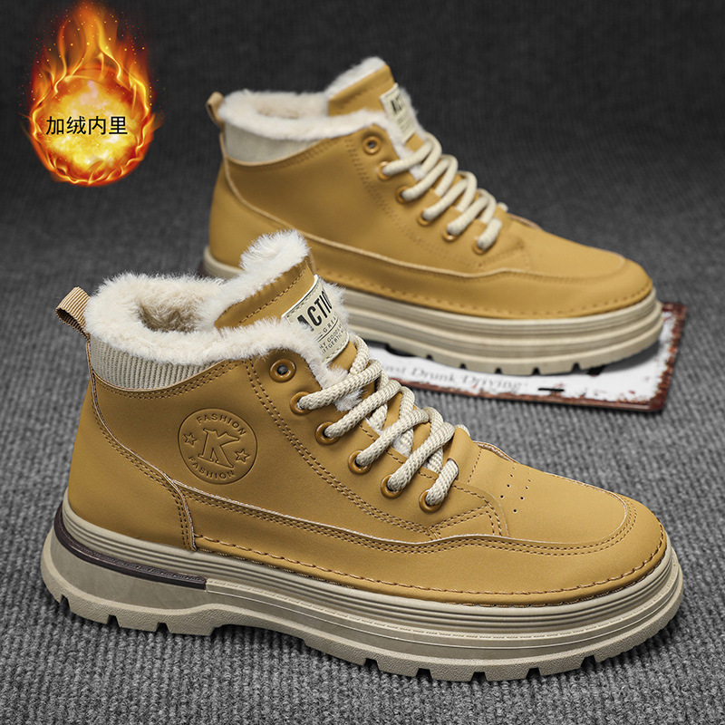 冬季加绒马丁靴男潮流百搭高帮工装鞋加厚保暖棉鞋厚底休闲短靴子
