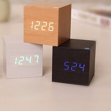 桌面闹钟夜光智能led木头钟学生礼品电子钟正方形多功能LOGO