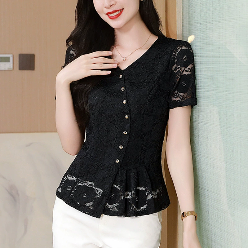 Французские нишевые кружевные топы с короткими рукавами для женщин, лето 2025, новые модные рубашки с v-образным вырезом для внутренней и верхней одежды